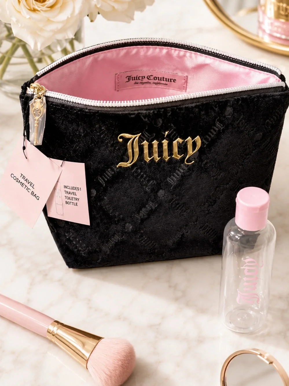 Juicy Couture Black Velour Gold Logo Makeup Bag + Travel Bottle NWT